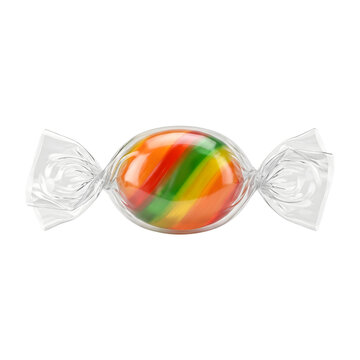Single striped hard candy wrapped in clear plastic isolated