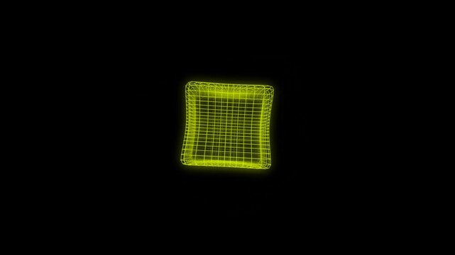Glowing yellow neon wireframe cube rotating slowly in dark space creating rhythmic motion video effect animation
