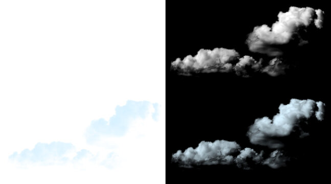 Realistic white clouds on black background, fluffy cumulus cloud textures for compositing, atmospheric smoke and vapor elements for design