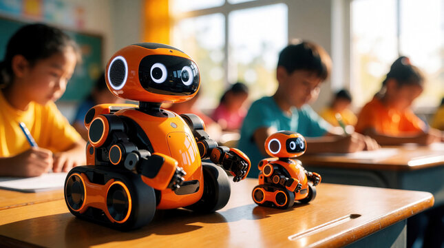 Children learn coding and programming with robots in classroom. Young students work on STEM projects, develop teamwork and problem solving skills.