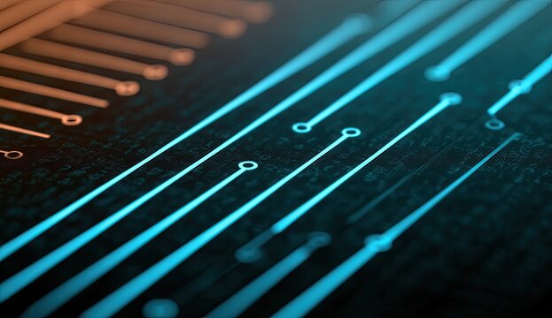 Abstract digital circuit with glowing blue and orange lines on dark background