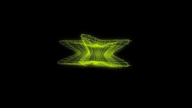 Glowing yellow wireframe geometric structure rotating in a rhythmic motion within this digital animation video footage