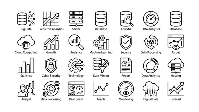 Set of data analytics and technology line icons on a white background