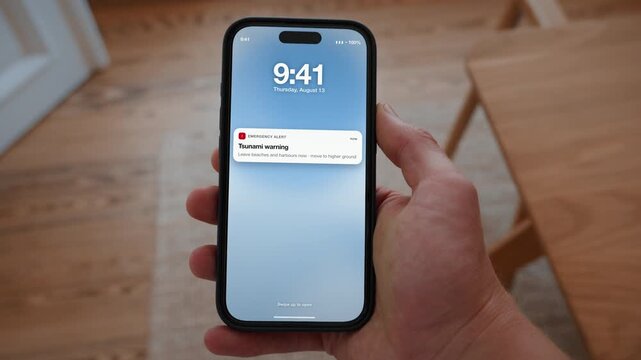 A tsunami warning reaches the phone and tells people near the coast to leave immediately. Point of view shot with the phone held in the hand. Useful for coastal safety campaigns.