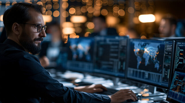 Over the shoulder view of a confident european analyst working in a bright cyber security operations center analyzing global data on multiple monitors showing a world map charts