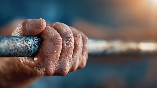 A close-up of a hand gripping a textured barbell with chalk on the skin against a blurred background.