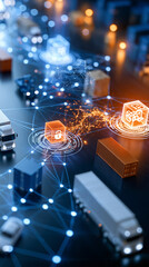 Fototapeta na wymiar Bright clean digital illustration of an integrated smart logistics network connecting warehousing transportation and distribution services security of goods concept clean
