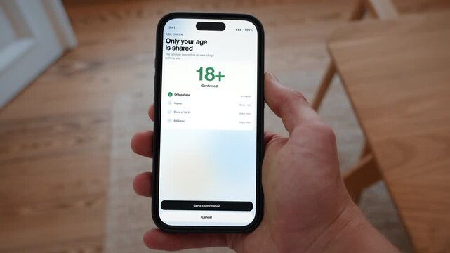 A digital wallet proves the age and shares nothing else, shown in the verification app. Point of view shot with the phone held in the hand. Useful for privacy friendly age checks.