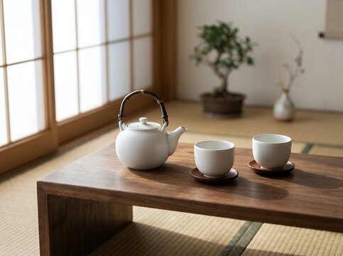 Japanese Tea Ceremony Setting with White Teapot and Cups on Wooden Table.