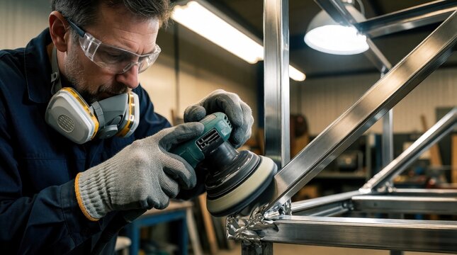 Man polishes steel frame with orbital sander in workshop. Worker uses tool for smooth weld seams, wears safety gear, mask and gloves for protection.
