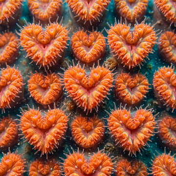 Seamless underwater pattern featuring macro orange coral polyps shaped like romantic hearts