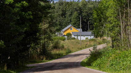 A charming yellow wooden house stands surrounded by lush green trees and a winding gravel road in Finland © alma.photo
