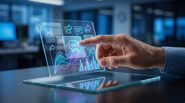 A hand interacts with a futuristic transparent holographic screen displaying business data, analytical charts, and communication icons in a modern office environment.