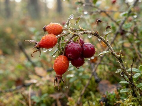 Wild Berries and Rose Hips Covered in Raindrops in a Forest.