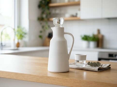 White ceramic pitcher with glass stopper on kitchen counter.