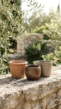 Three Terracotta and Ceramic Pots on a Stone Wall Outdoors.