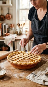 Woman preparing a lattice pie crust in a rustic kitchen.