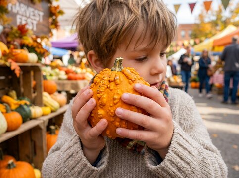 Young boy holding a small bumpy pumpkin at an outdoor autumn harvest festival.