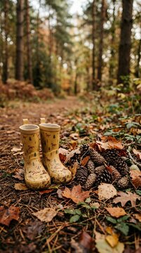 Yellow Rain Boots and Pinecones on Autumn Forest Path.