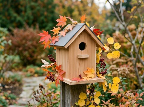 Wooden birdhouse decorated with autumn leaves and berries in a garden.