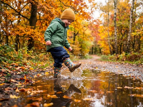 Young boy splashing in autumn puddle on forest path.