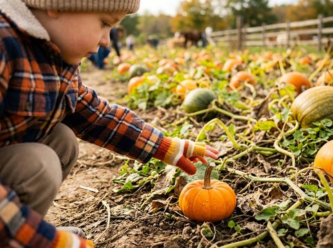 Young child in plaid jacket reaching for small pumpkin in patch during autumn harvest.