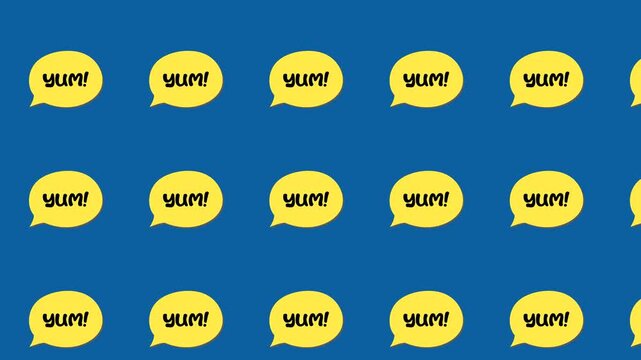Repeating pattern of yellow yum speech bubbles on blue backdrop. Playful looping animation celebrating delicious food and tasty flavors. Fun graphic for culinary marketing and social media.