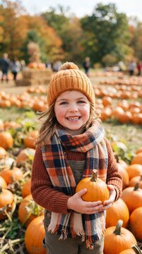Young Girl Smiling Holding Small Pumpkin in Autumn Pumpkin Patch.