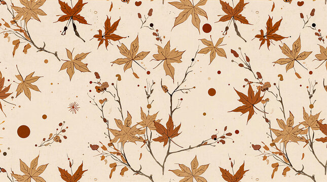 Minimal Japanese Autumn Botanical Pattern with Maple Leaves and Was hii Texture