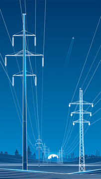Vertical vector illustration of high voltage power transmission lines and electricity pylons stretching toward a modern city skyline. Energy infrastructure, electric power grid