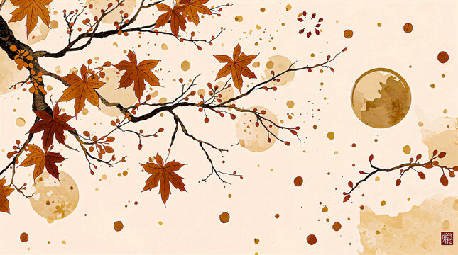 Minimal Japanese Autumn Botanical Pattern with Maple Leaves and Was hii Texture