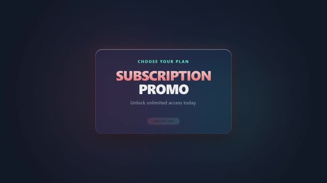 Subscription promotion banner with glowing gradient background, rounded glass panel, bold subscription promo headline, unlimited access message, and illuminated subscribe now button