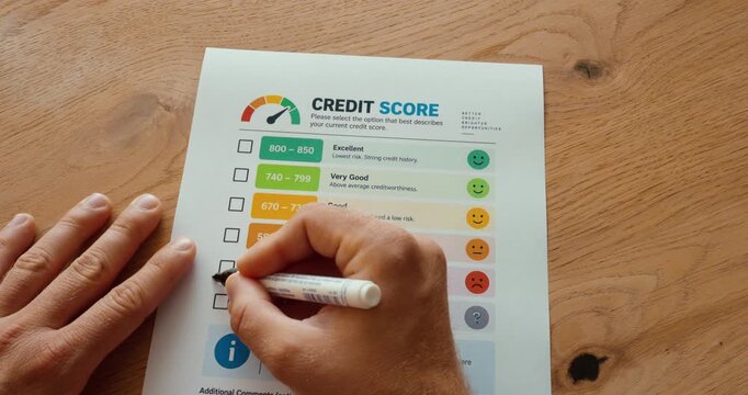 Person marking the poor credit score range on a credit rating checklist with a pen.