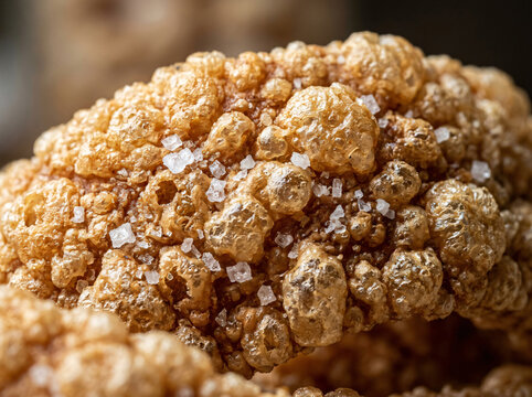 Close up of crispy golden pork rinds with coarse sea salt crystals.