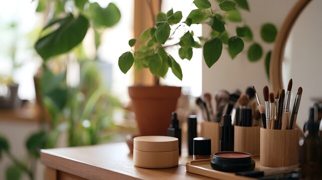 A wooden vanity table with makeup brushes  pots  and green plants in soft natural light  creating a calm and organized aesthetic