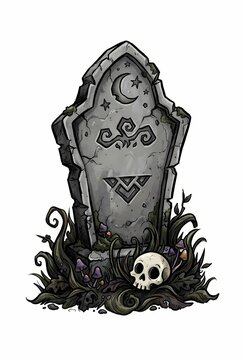 Ancient stone headstone with mysterious engraved symbols skull and overgrown grass for halloween spooky graveyard decor