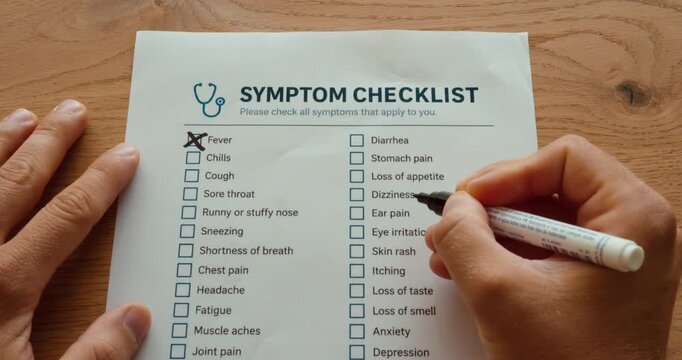 Person marking multiple symptoms on a symptom checklist, including fever, sneezing, stomach pain and eye irritation.