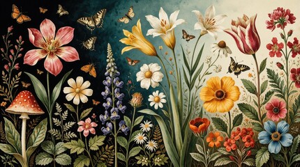 Fototapeta premium Whimsical vintage botanical art shows colorful wild flowers, butterflies in garden. Diverse flora including lilies, daisies, poppies, mushrooms grow in dark forest. Beautiful insects fly near bright
