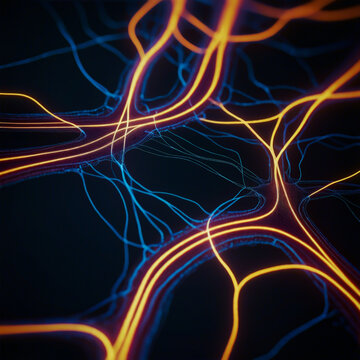 The image is an abstract digital art piece that appears to be a closeup of a network of lines and curves. the lines are in different colors  blue oran