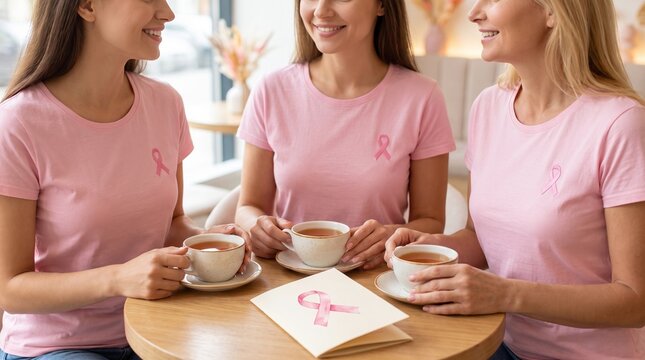 .Group of unrecognizable smiling women wearing pink t-shirts with pink ribbons drinking tea at cafe. Breast cancer awareness month, women's health charity and support group concept.