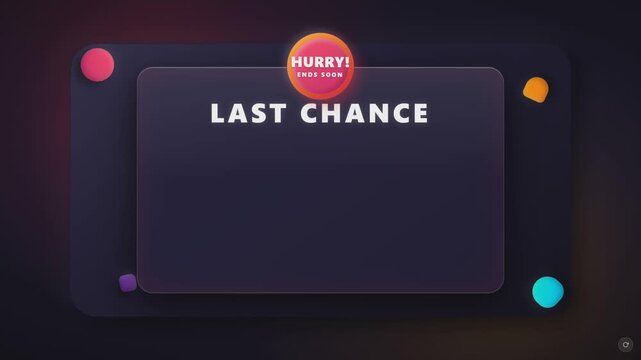 Last chance sale countdown banner with glowing dark background, rounded glass panel, urgent hurry badge, digital timer showing remaining seconds, and bright shop now button for promotional marketing