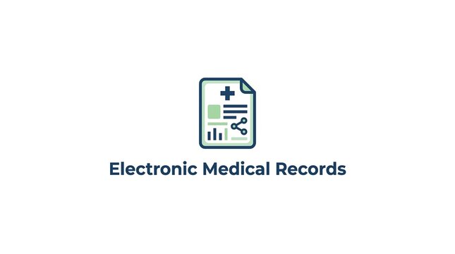 Electronic medical records icon featuring digital file and medical data chart in minimalist flat vector style for modern healthcare systems