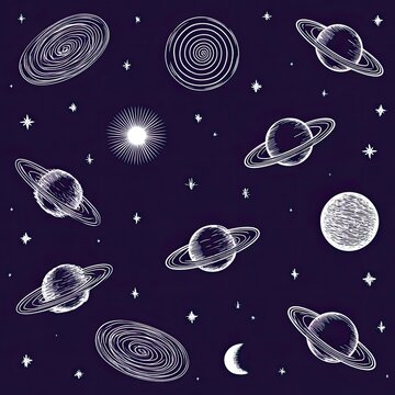 Whimsical celestial doodle art with planets, galaxies, moons, and stars