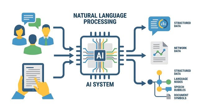 Natural language processing NLP AI system vector diagram with microchip processor and human profiles