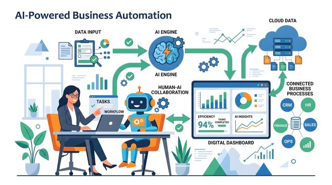 Business automation workflow vector diagram featuring AI engine robot worker and digital dashboard analytics