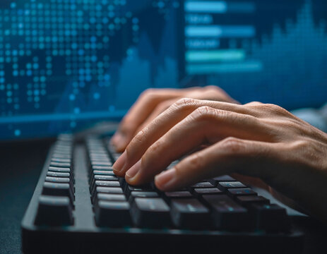 Programmierer tippt auf Tastatur mit visueller Datenverarbeitung im Hintergrund