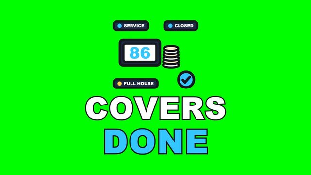 4K green screen COVERS DONE animated text - the covers counter running up through service as plates stack, kinetic typography restaurant overlay for hospitality content, chroma key