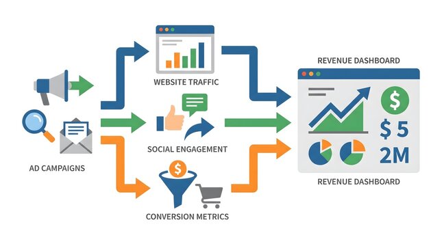 Digital marketing conversion funnel diagram showing website traffic social engagement and revenue flow