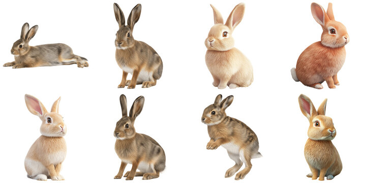 Collection of eight rabbits and hares in different poses, isolated on a transparent background