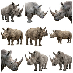 Collection of nine rhinoceroses in different poses, isolated on transparent background © Trieu